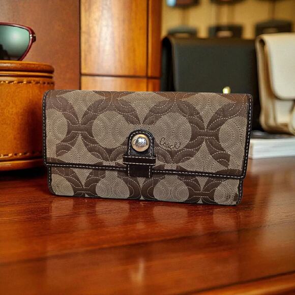 Coach Vintage Signature Brown Tan Logo Long Trifold Wallet Checkbook Clutch - Picture 2 of 12